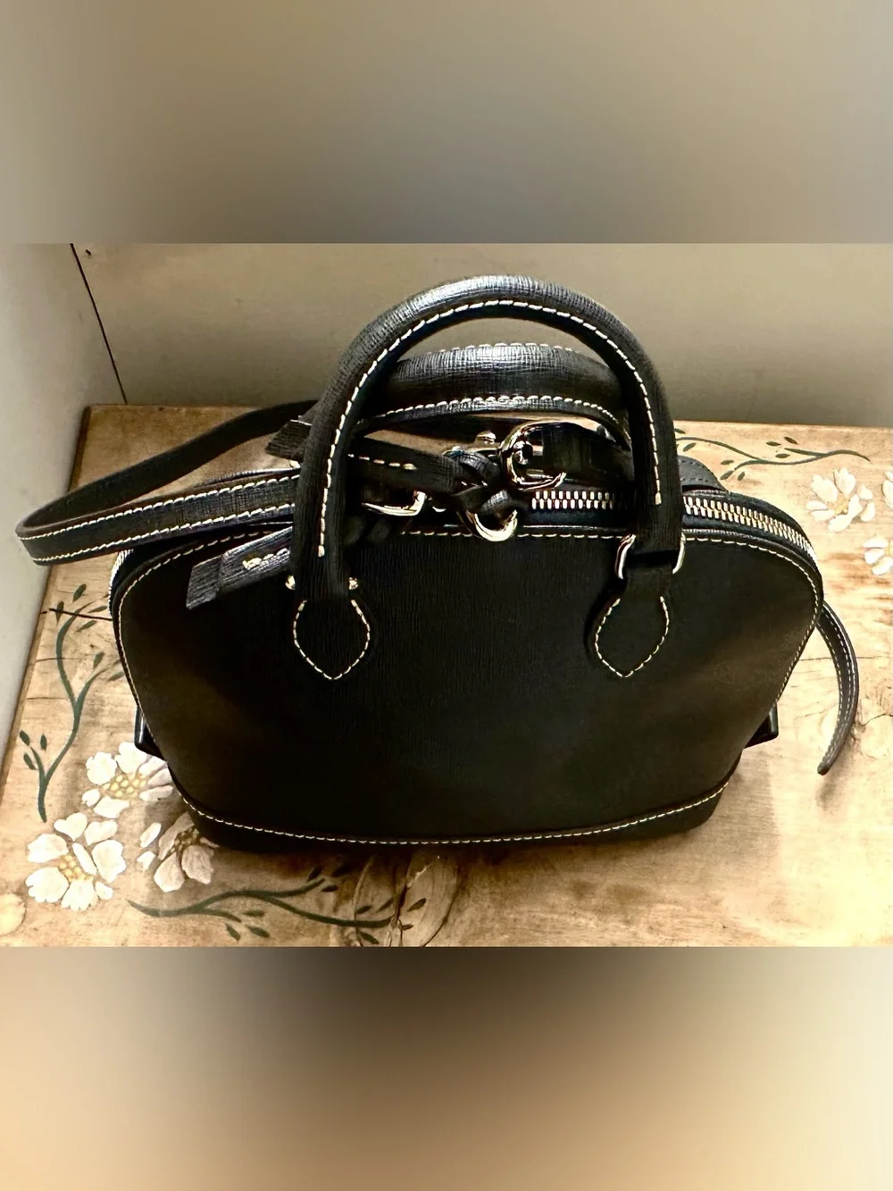 Dooney & Bourke Black Leather Dome Satchel with Crossbody Strap
